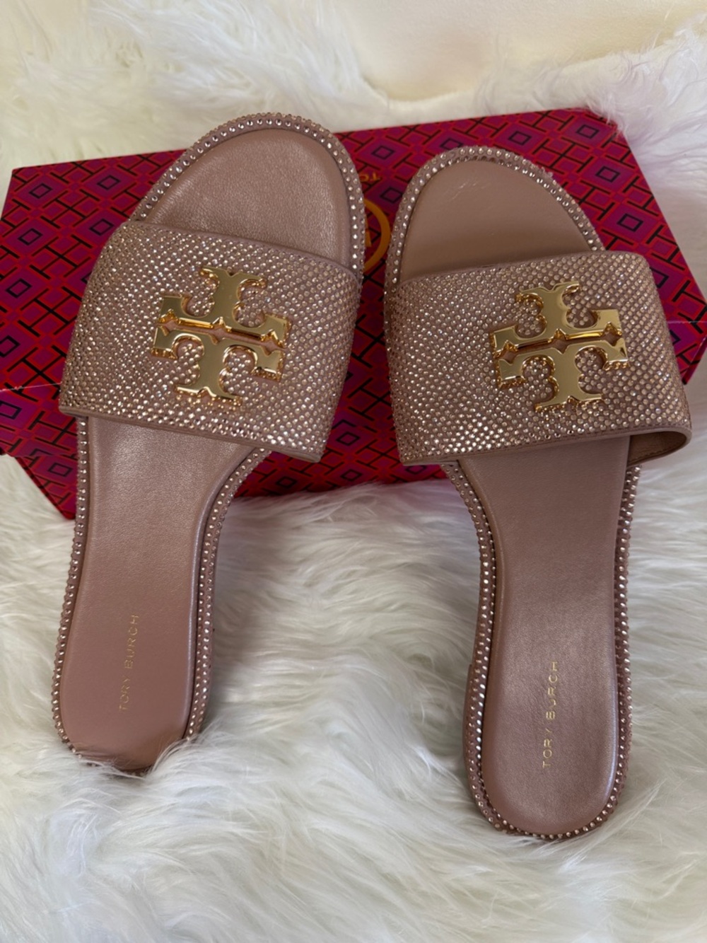 Tory Burch Rose Gold Crystal Slide Mules with Gold Logo